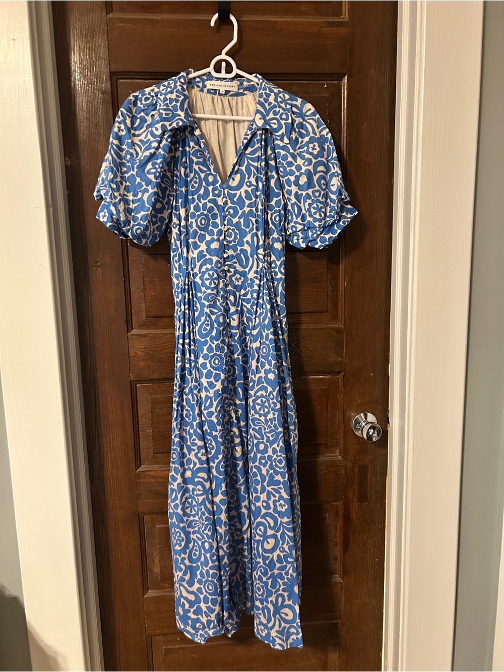 English Factory Blue and Cream Floral Button Down Maxi Dress with Puff Sleeves